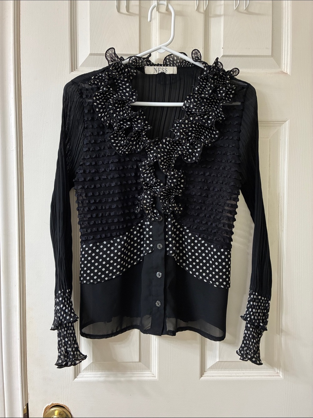 Ness Black Polka Dot Ruffle-Trim Blouse